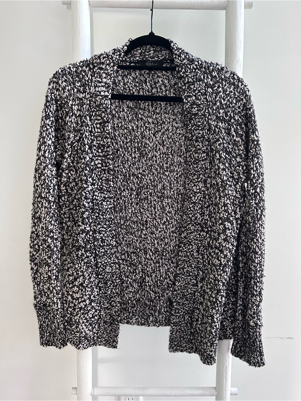 Cozy Open-Front Black & White Marled Sweater Cardigan